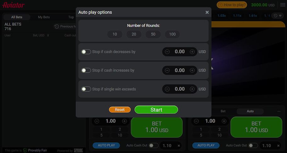 Aviator Betting menu