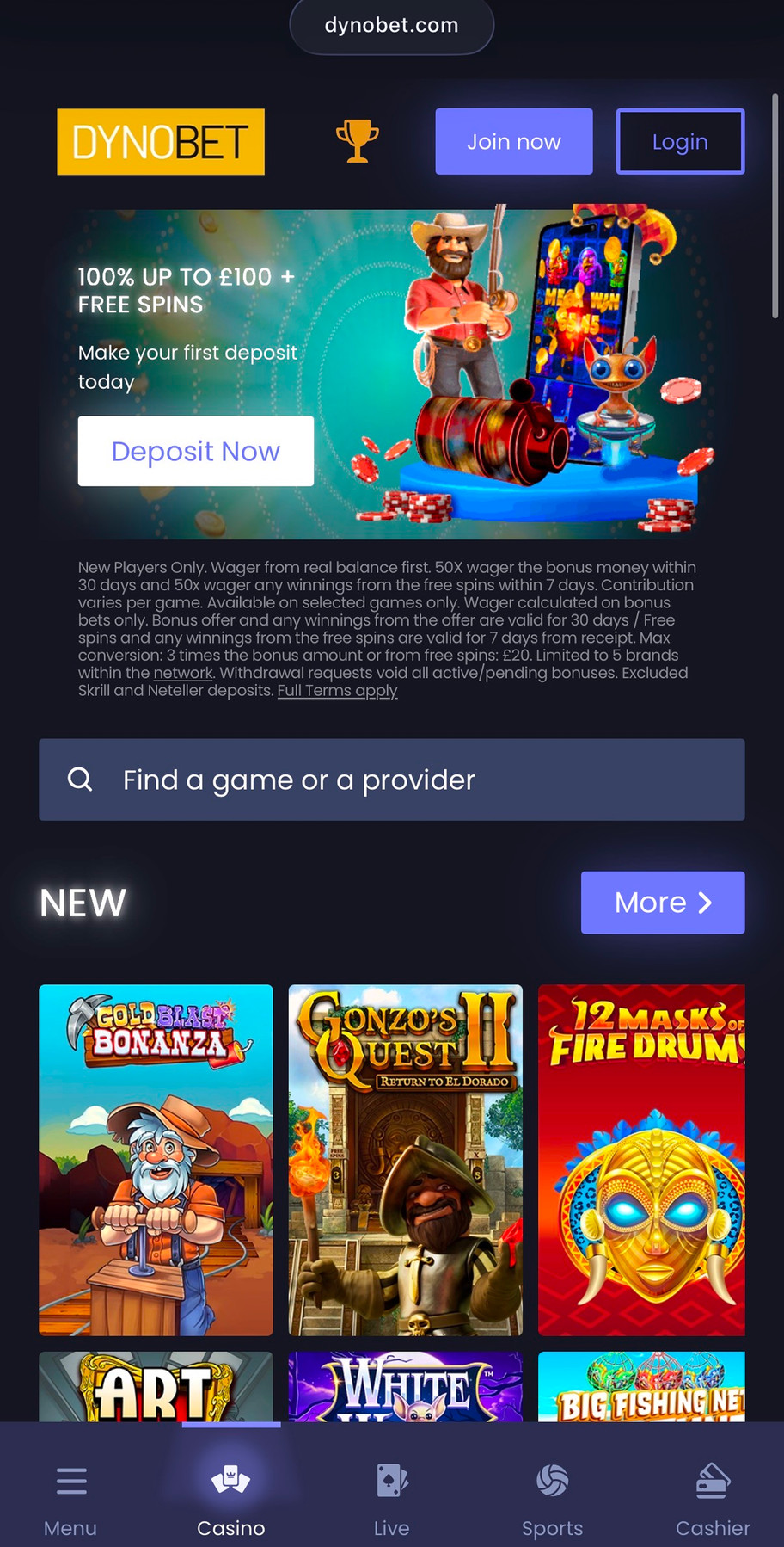 Dynobet casino review | 100% welcome bonus worth up to £100 + free spins | FIRST