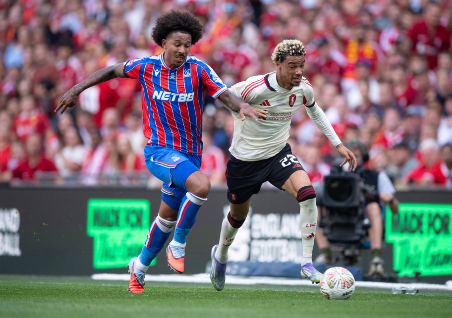 IMAGO Crystal Palace defender Chris Richards tussles with Liverpool forward Hugo Ekitike