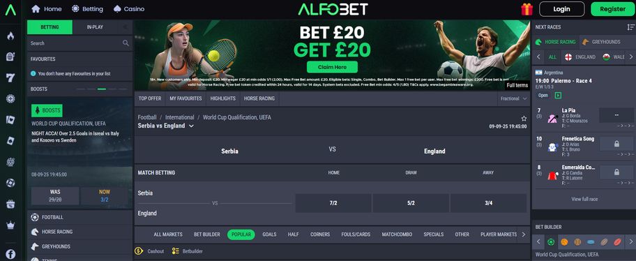 Alfobet bookmaker review: Bet £20 Get £20