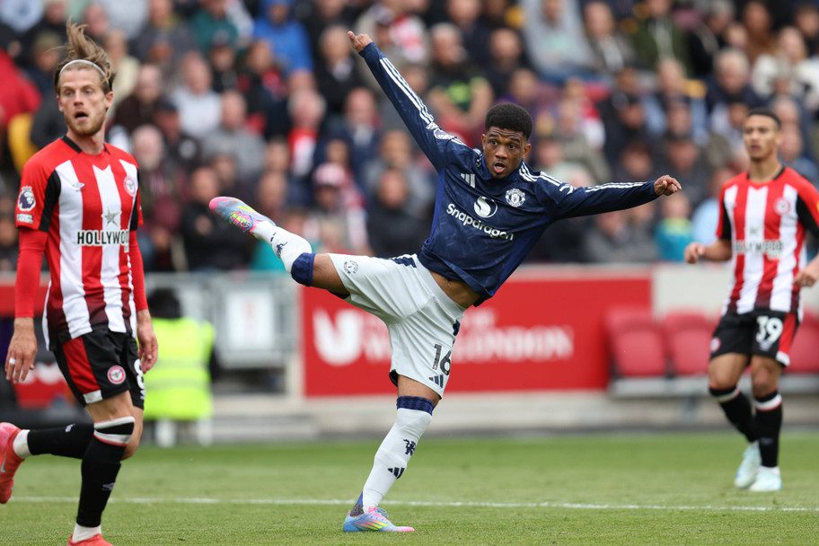 IMAGO Manchester United's Amad Diallo takes aim in a match against Brentford in the 2024/25 season