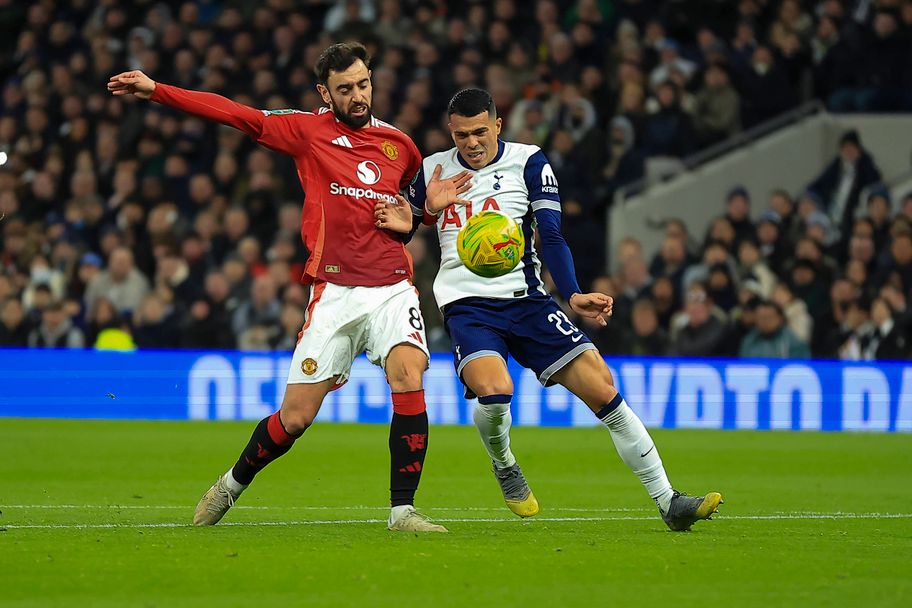 IMAGO Manchester United's Bruno Fernandes and Tottenham full back Pedro Porro battle for possession and supremacy&nbsp;