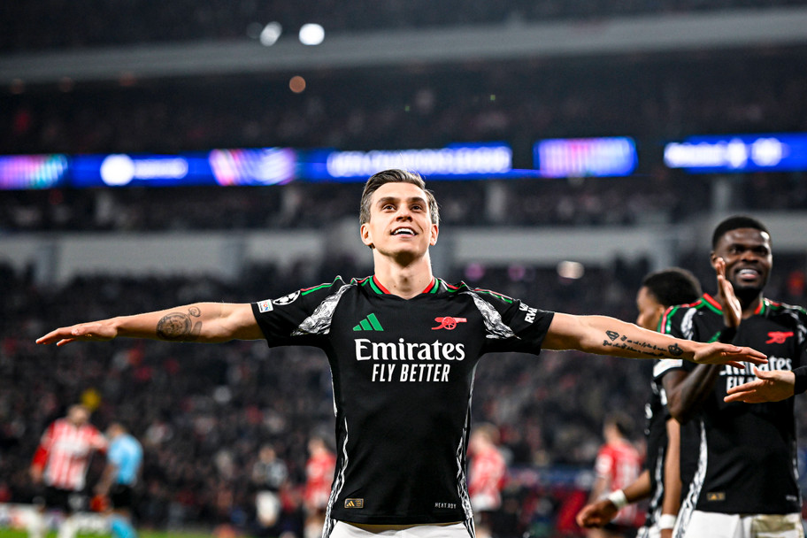 IMAGO Leandro Trossard celebrates after scoring against PSV in midweek; also bagged the winner at Old Trafford last season.