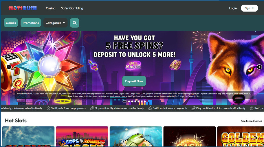 Slots Rush casino review | Deposit £10 or more for a 100% bonus match up to £100 | FIRST