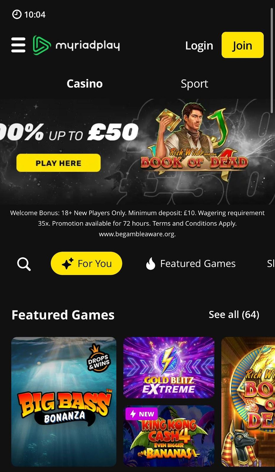 Myriad Play Casino review | £200 and 100 free spins welcome bonus | FIRST
