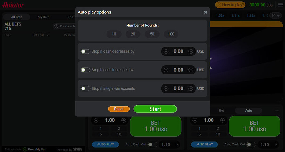 Aviator Betting menu