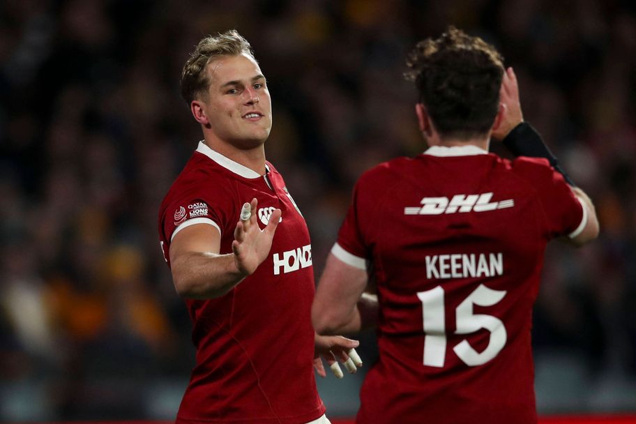 IMAGO&nbsp;Duhan van der Merwe of the Lions celebrates alongside team-mate Hugo Keenan