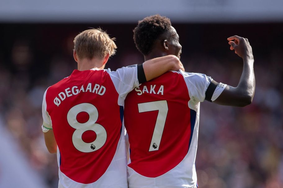 IMAGO Arsenal's talismen Martin Odegaard and Bukayo Saka celebrate a goal