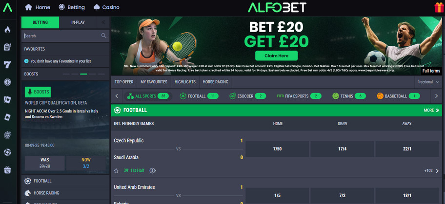 Alfobet bookmaker review: Bet £20 Get £20