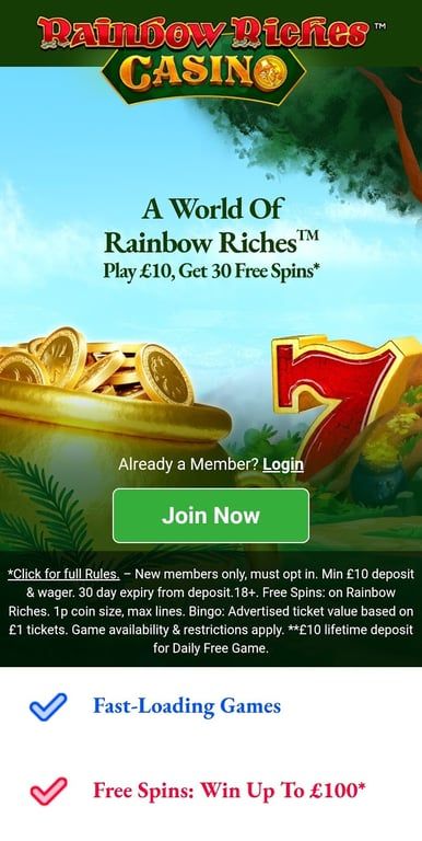 Rainbow Riches Casino review UK | 30 FS or 50 bingo tickets
