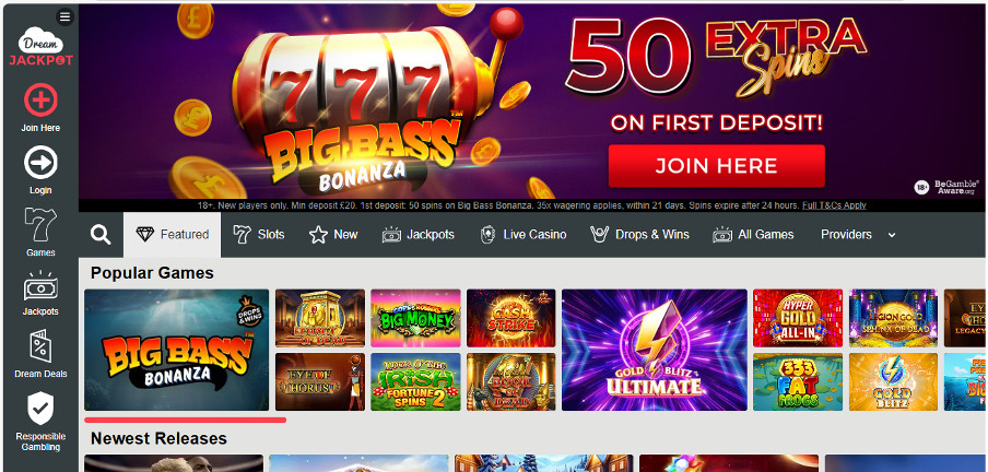 Dream Jackpot casino review | 50 free spins on your first deposit | FIRST